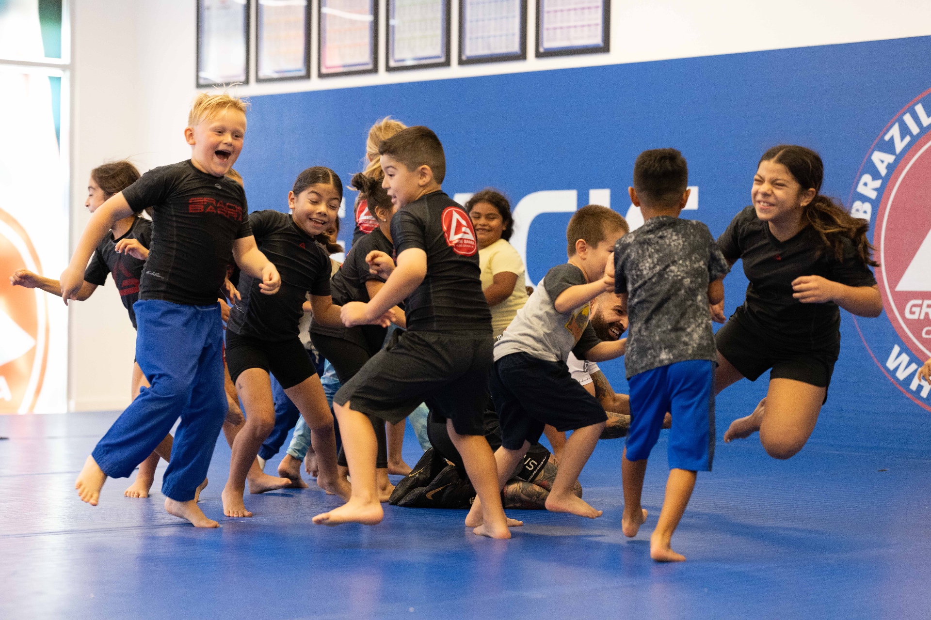 Kids having fun during Brazilian Jiu-Jitsu class at Gracie Barra Whittier